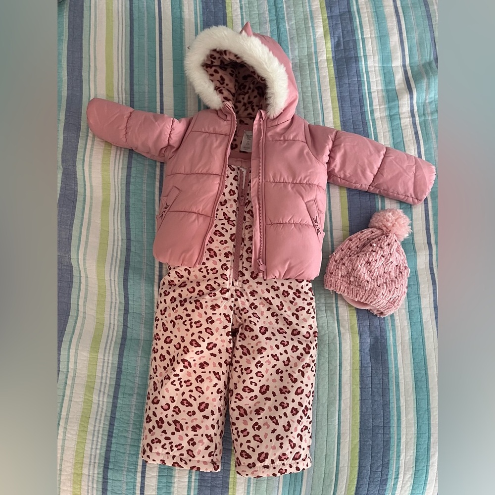 Carter’s Toddler Girls 3T Pink Cat Snow/Ski Suit 2-Piece Jacket/Bib Combo w Hat!